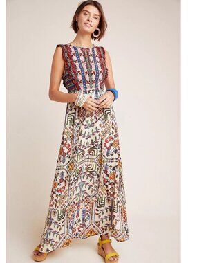 Vineet Bahl Anthropologie Embroidered Maxi Dress Size 6